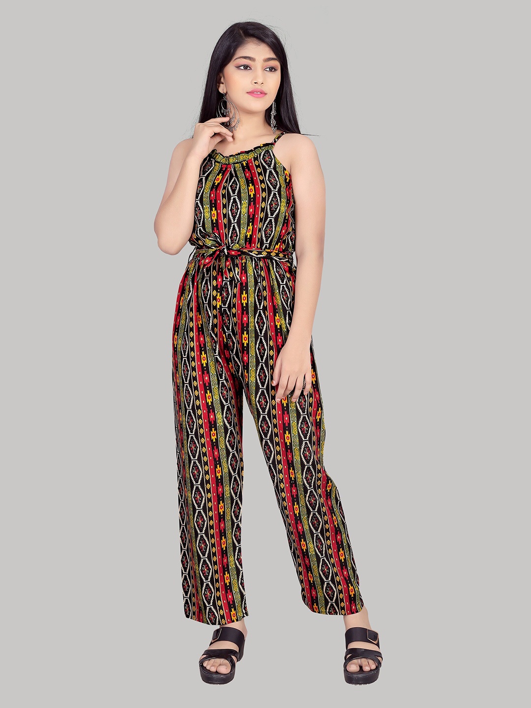 

R K MANIYAR Girls Printed Sleeveless Waist Tie-Ups Basic Jumpsuit, Black