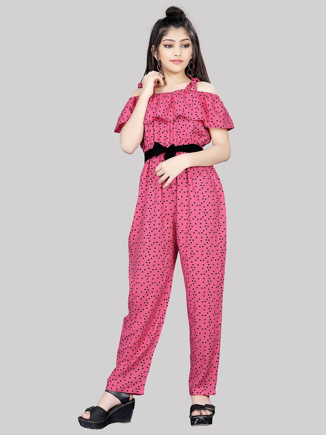 

R K MANIYAR Girls Polka Dots Printed Cold-Shoulder Sleeves Basic Jumpsuit, Pink