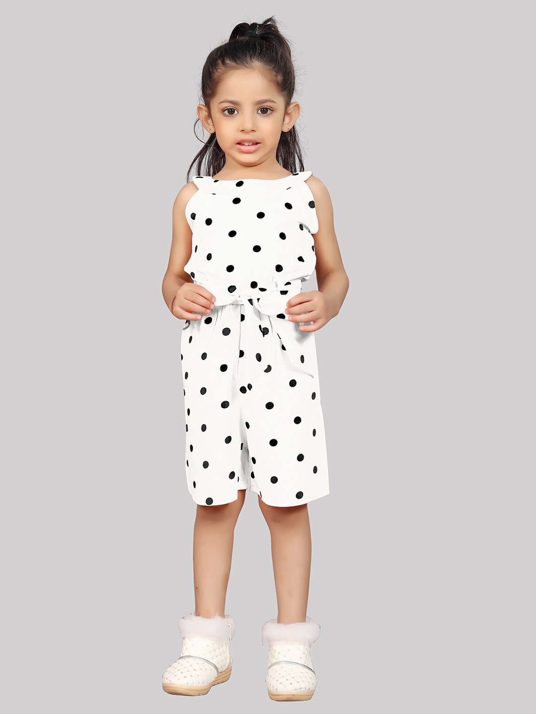 

R K MANIYAR Girls Polka Dot Printed Jumpsuit, White