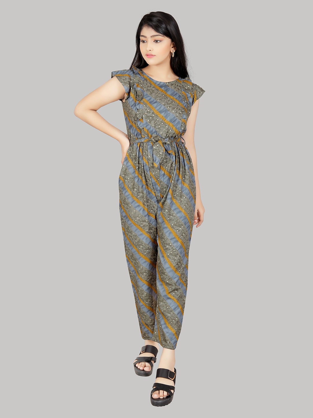 

R K MANIYAR Girls Printed Round Neck Waist Tie-Ups Basic Jumpsuit, Grey