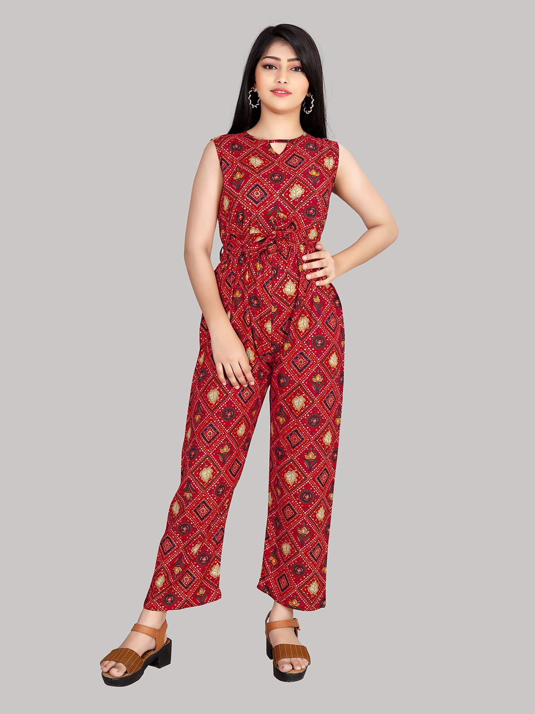 

R K MANIYAR Girls Printed Sleeveless Waist Tie-Ups Basic Jumpsuit, Red