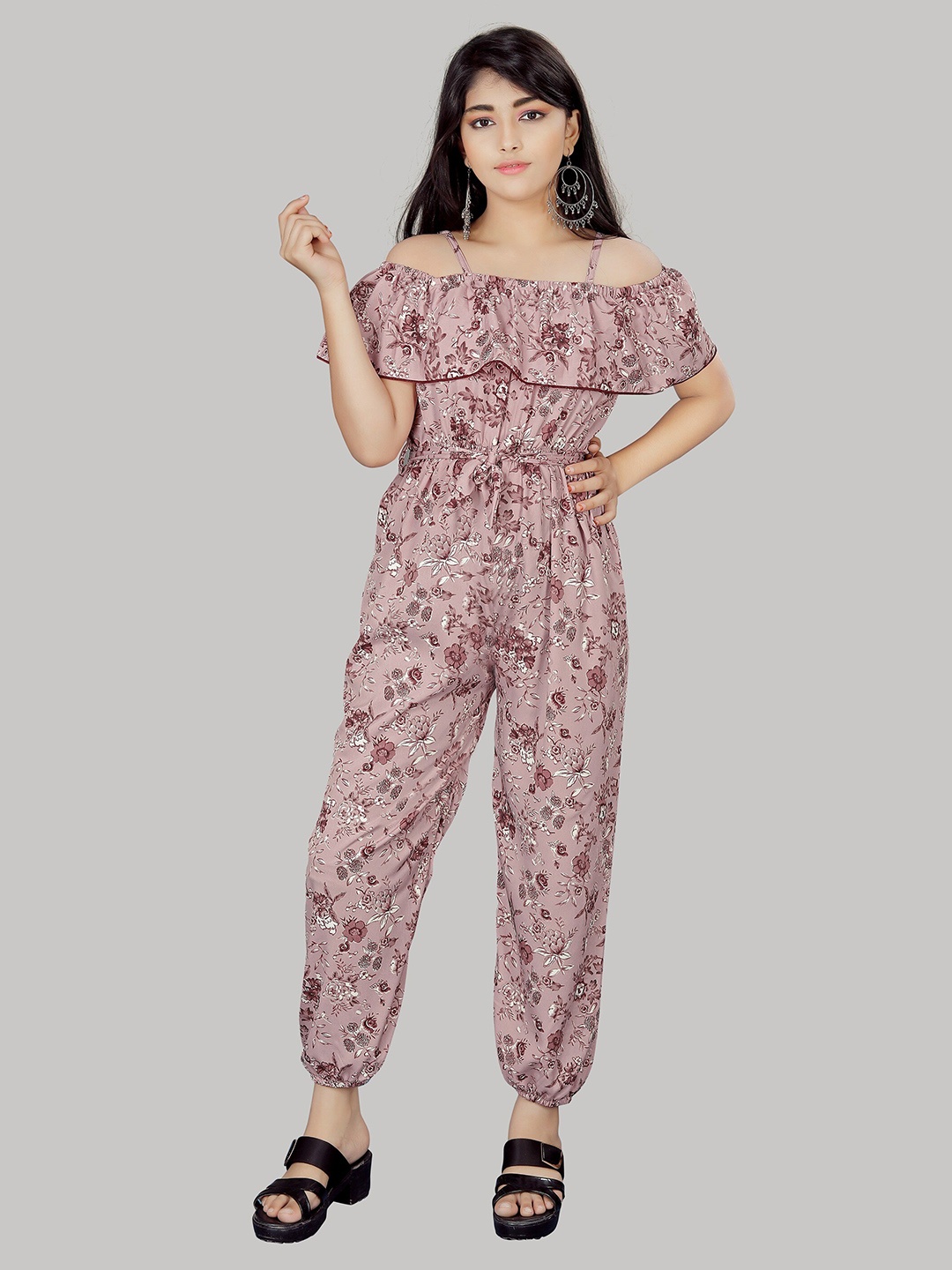 

R K MANIYAR Girls Floral Printed Basic Jumpsuit, Pink