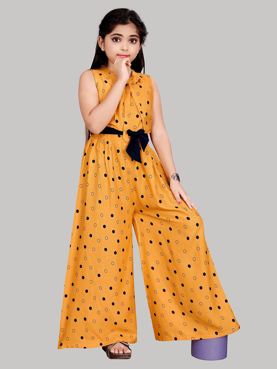 

R K MANIYAR Girls Printed Sleeveless Waist Tie-Ups Basic Jumpsuit, Yellow