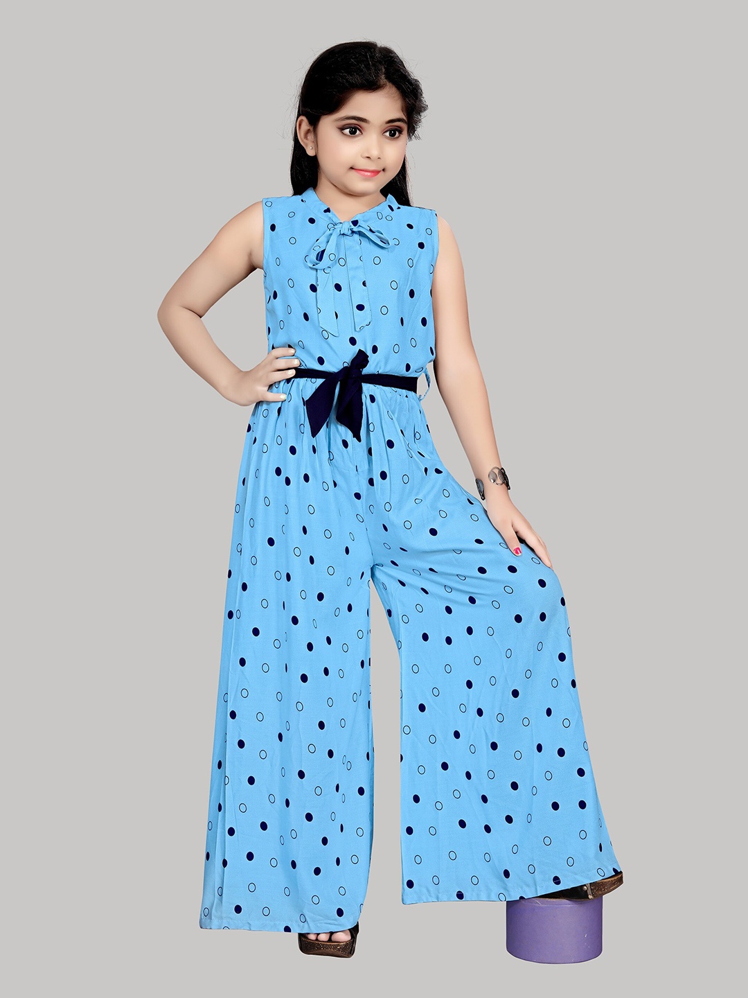 

R K MANIYAR Girls Printed Waist Tie-Ups Basic Jumpsuit, Blue