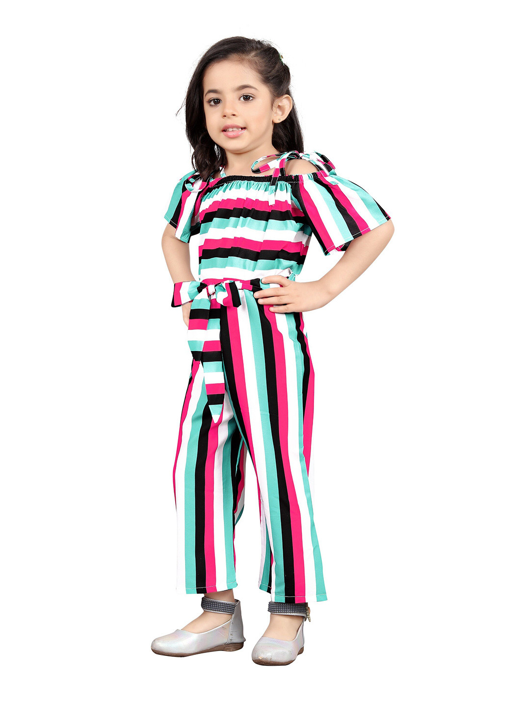 

R K MANIYAR Girls Striped Waist Tie-Ups Basic Jumpsuit, Pink