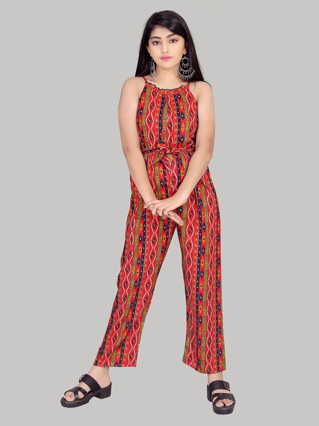 

R K MANIYAR Girls Geometric Printed Basic Jumpsuit, Red