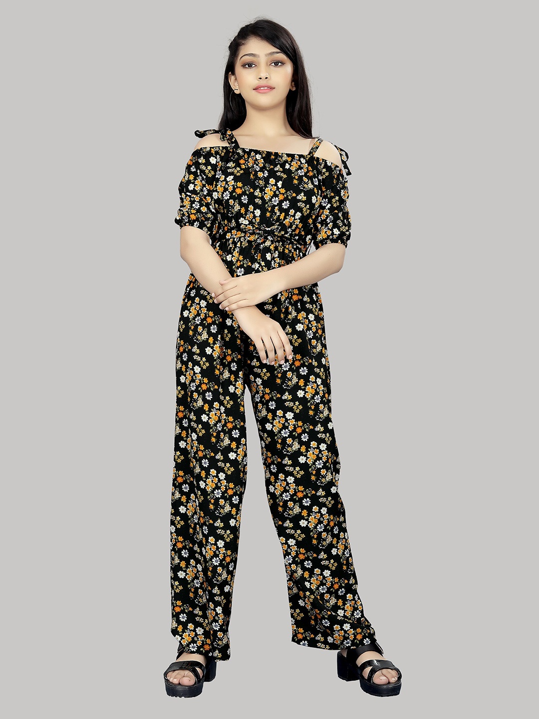 

R K MANIYAR Girls Floral Printed Basic Jumpsuit, Black