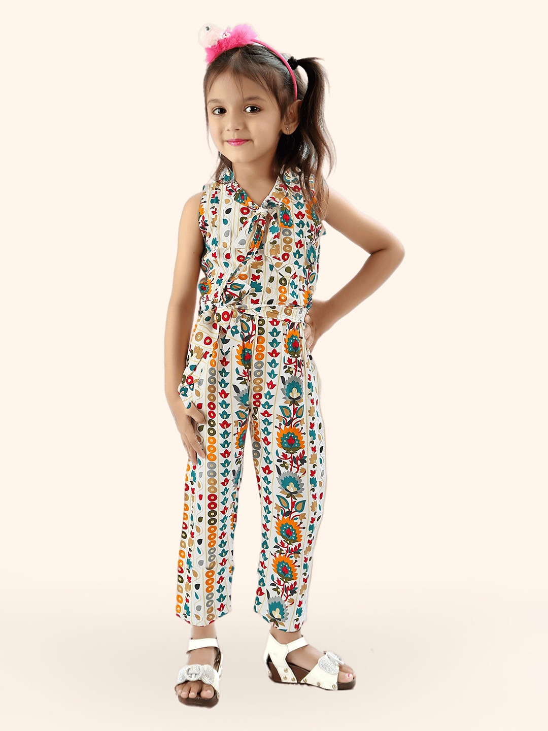 

R K MANIYAR Girls Floral Printed Basic Jumpsuit, Cream