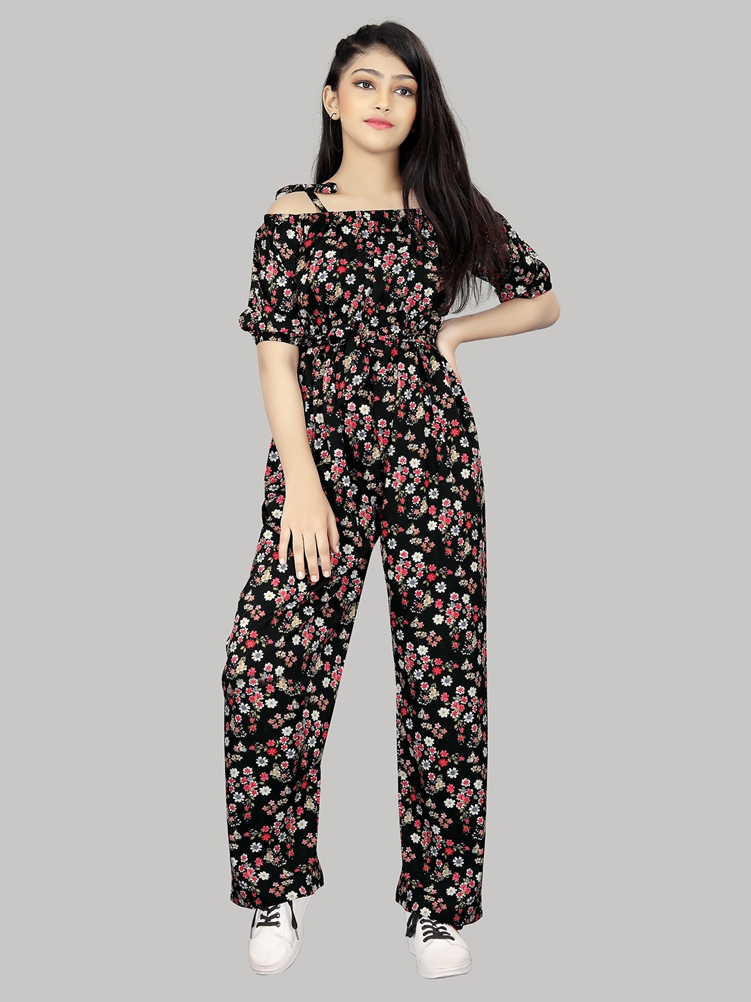 

R K MANIYAR Girls Printed Shoulder Straps Basic Jumpsuit, Black