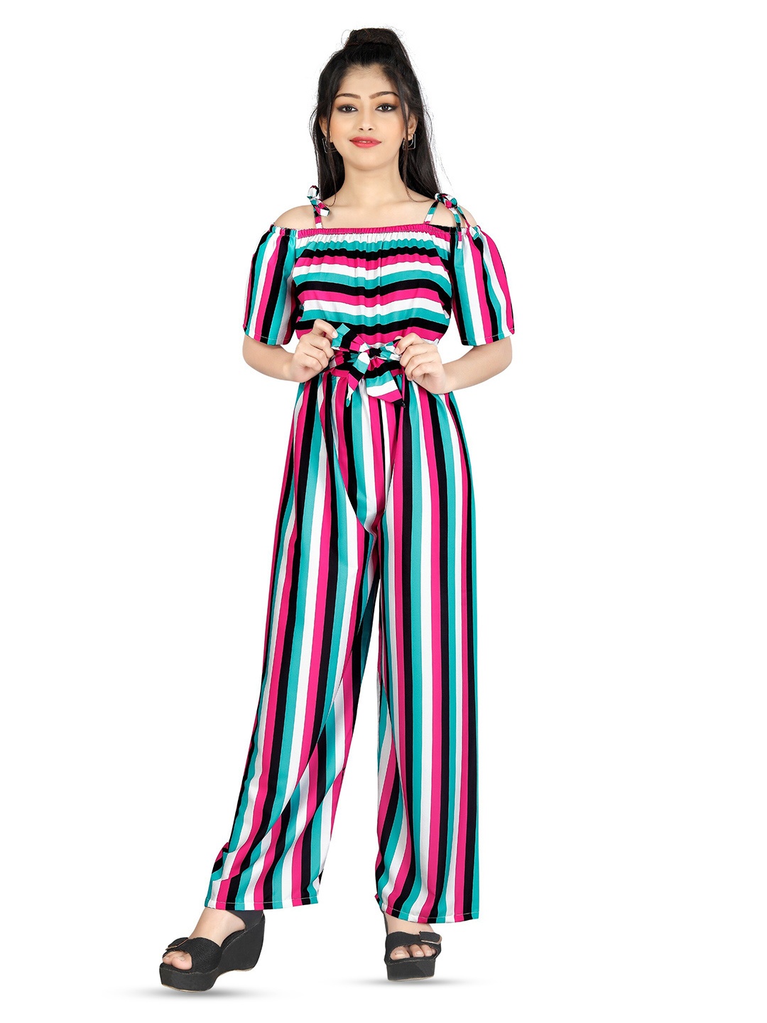 

R K MANIYAR Girls Striped Off-Shoulder Basic Jumpsuit, Pink