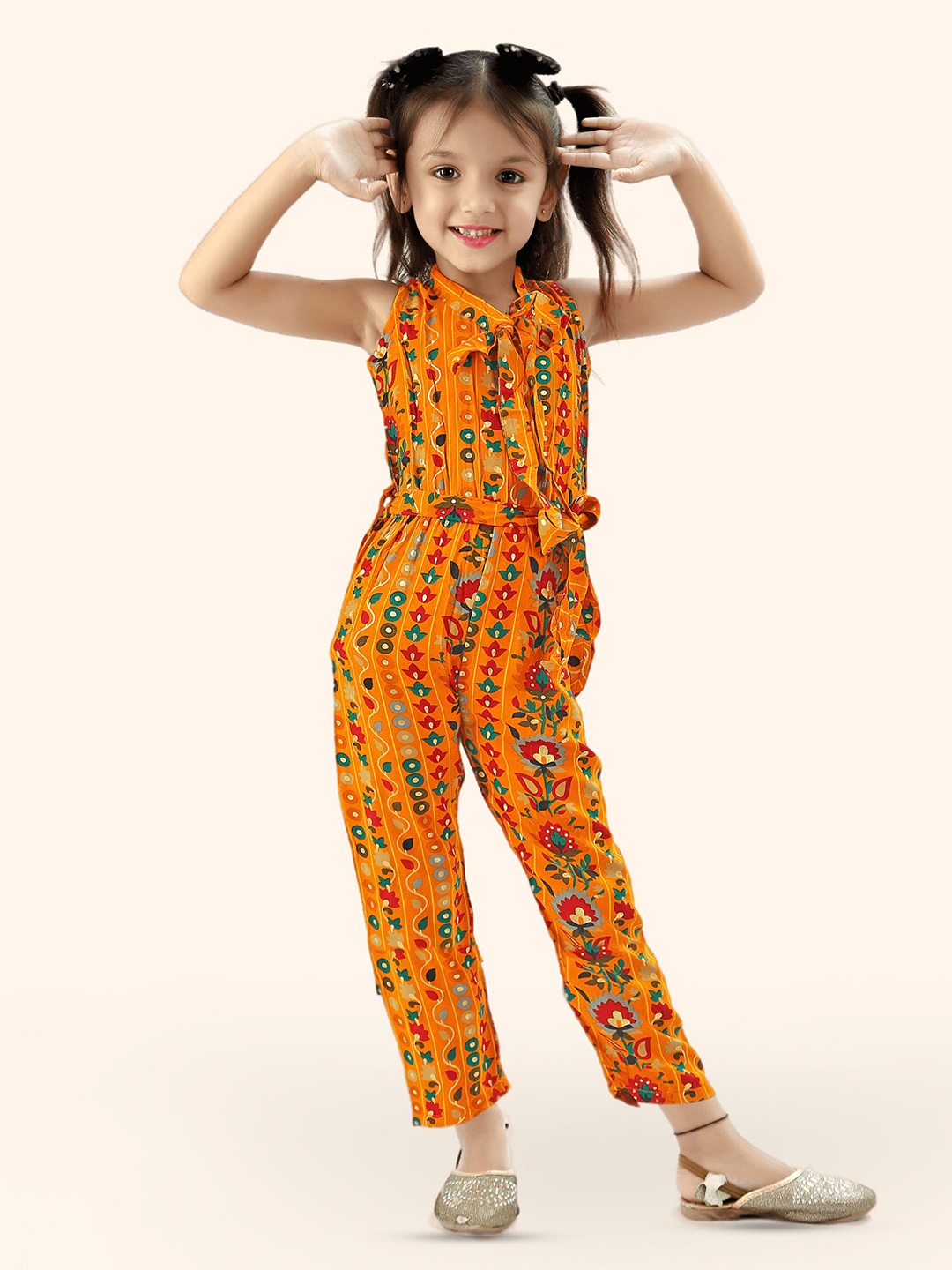 

R K MANIYAR Girls Printed Waist Tie-Ups Basic Jumpsuit, Yellow