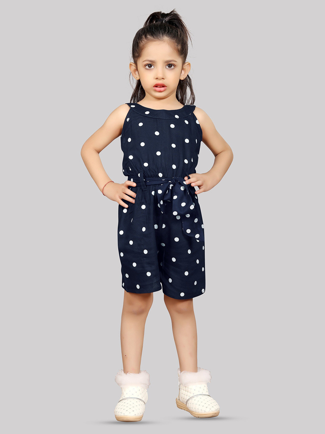 

R K MANIYAR Girls Printed Waist Tie-Ups Playsuit, Navy blue