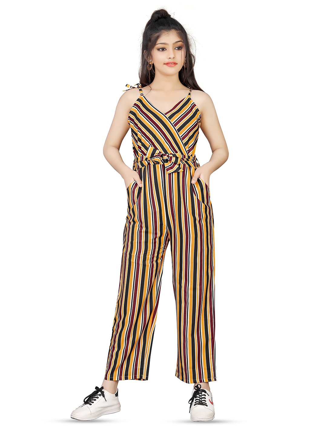 

R K MANIYAR Girls Striped Shoulder Straps Basic Jumpsuit, Yellow