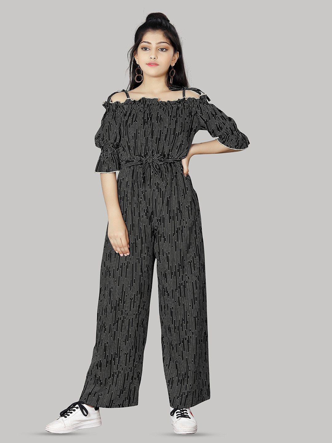 

R K MANIYAR Girls Off-Shoulder Striped Waist Tie-Ups Basic Jumpsuit, Black