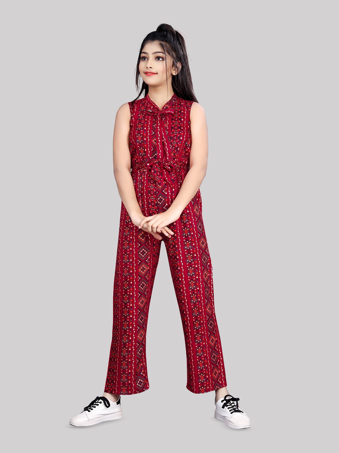 

R K MANIYAR Girls Printed Mandarin Collar Sleeveless Waist Tie-Ups Detail Basic Jumpsuit, Red