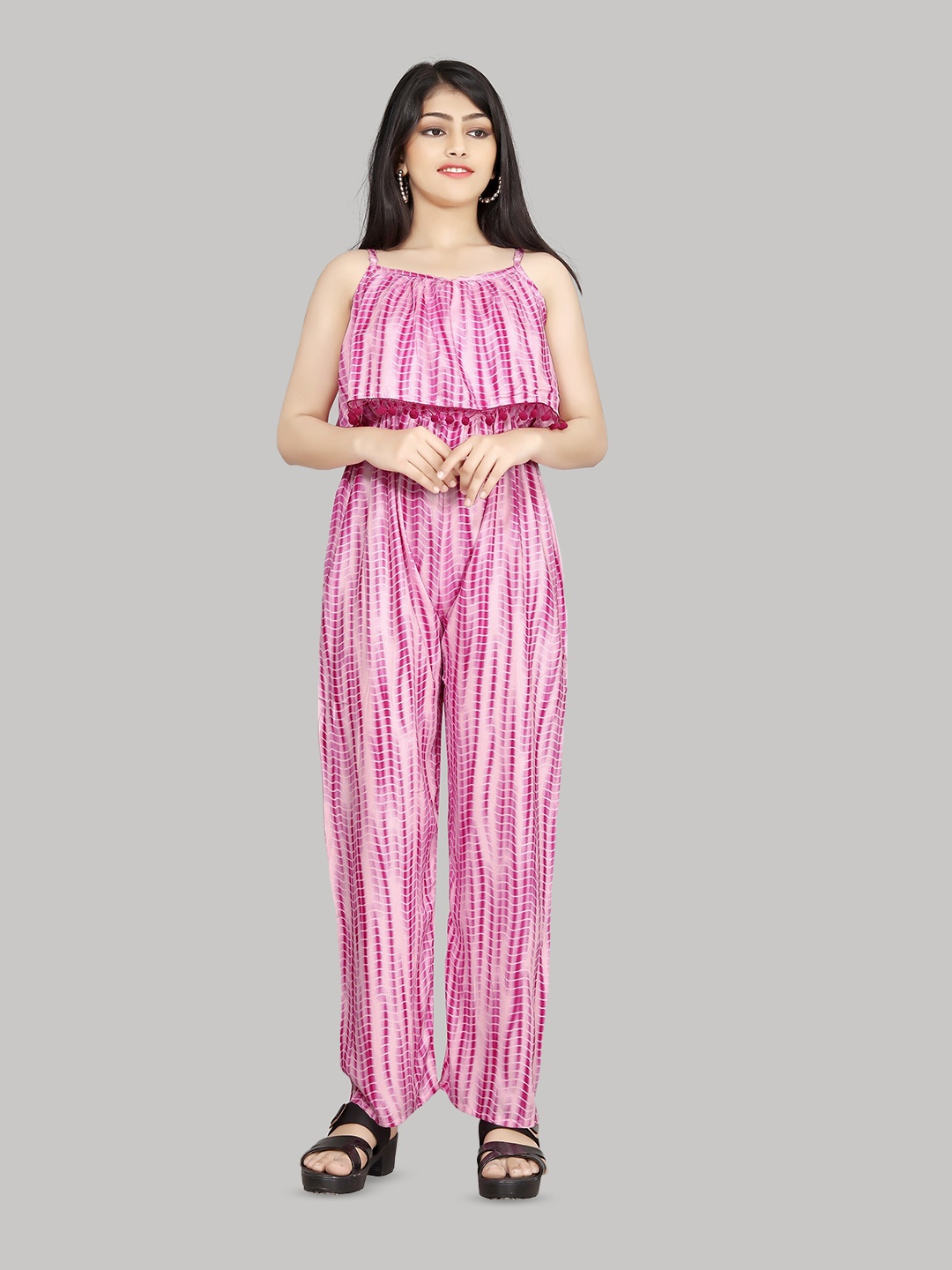 

R K MANIYAR Girls Printed Shoulder Straps Basic Jumpsuit, Pink
