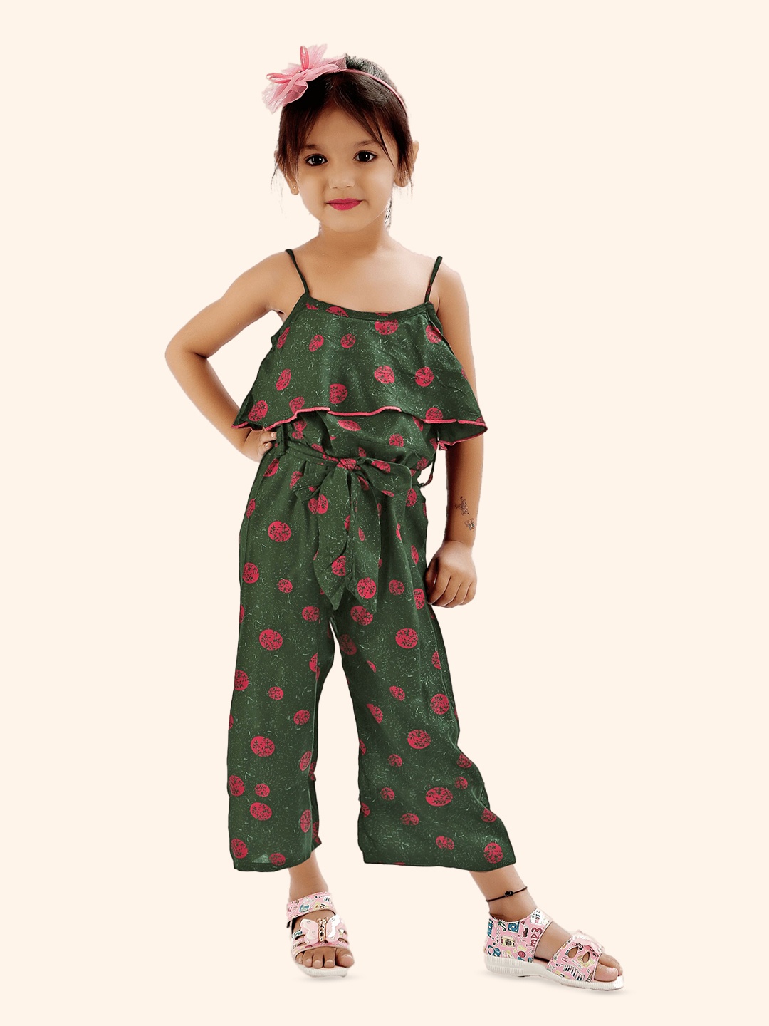 

R K MANIYAR Girls Floral Printed Waist Tie-Ups Basic Jumpsuit, Green