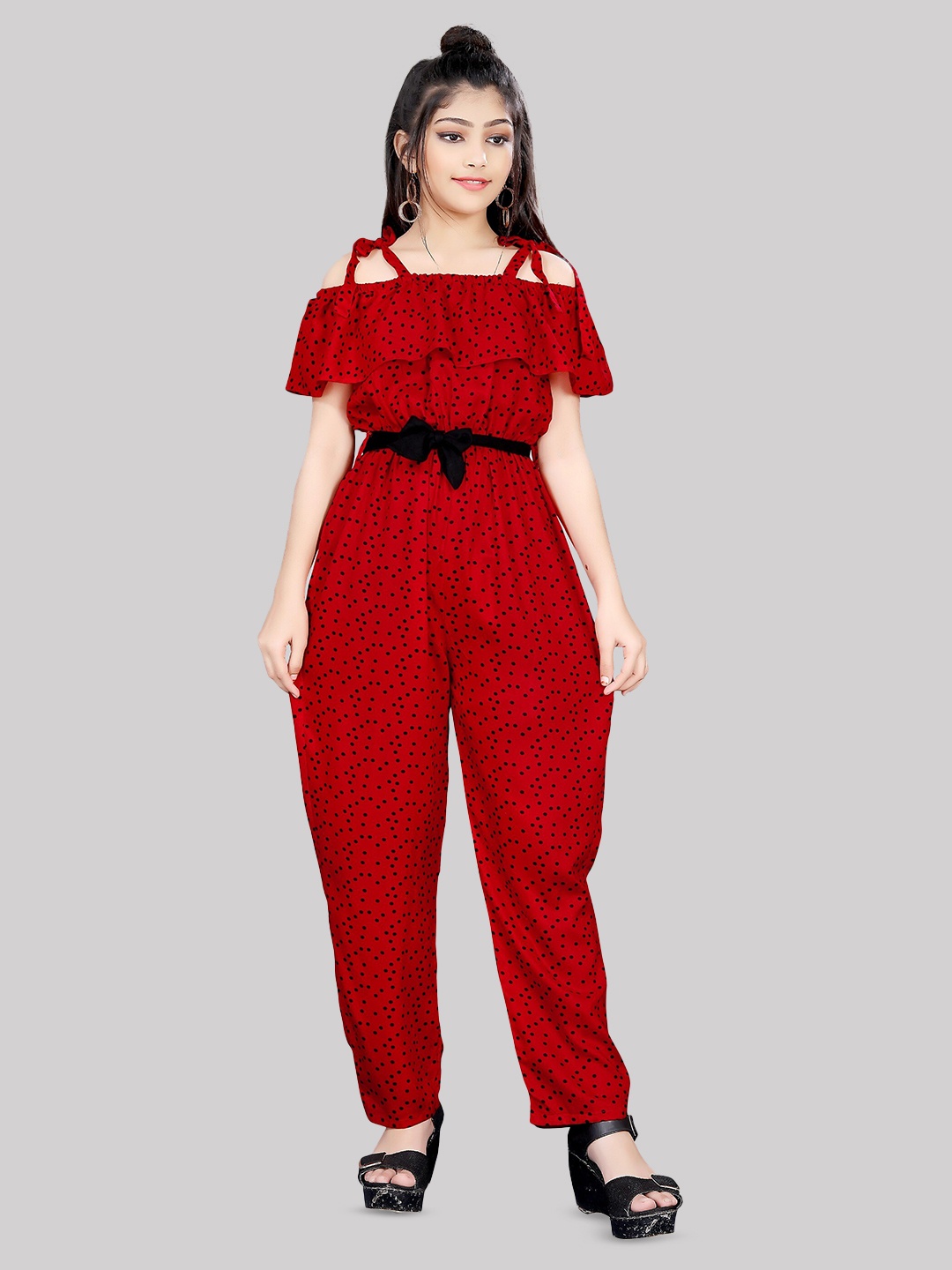 

R K MANIYAR Girls Printed Shoulder Straps Basic Jumpsuit, Red