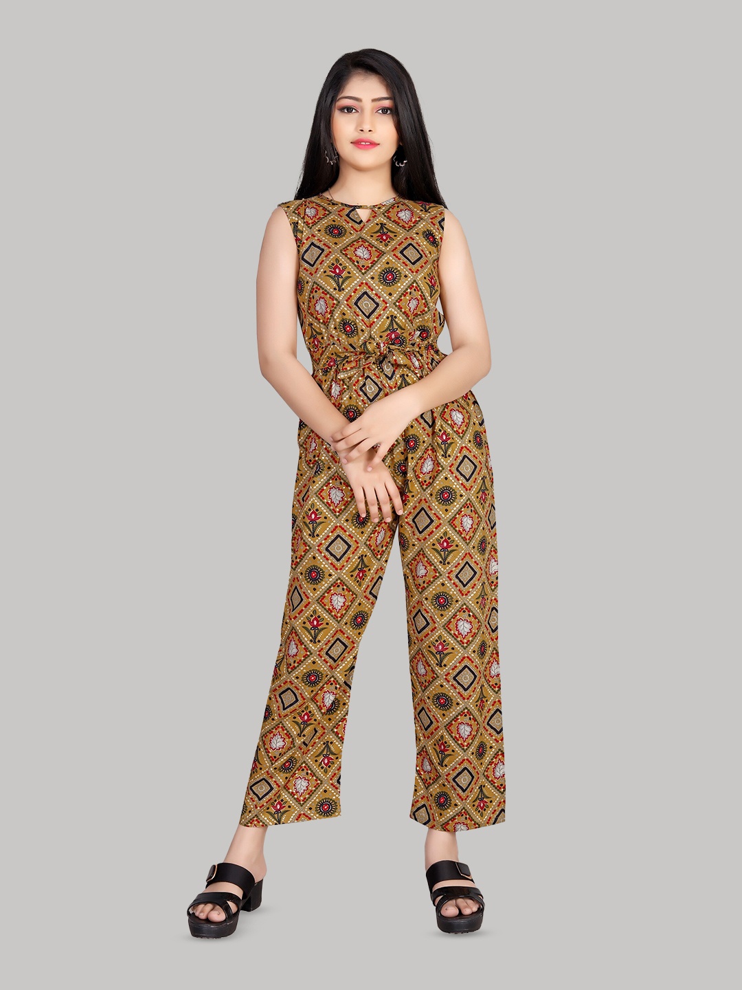 

R K MANIYAR Girls Floral Printed Basic Jumpsuit, Beige