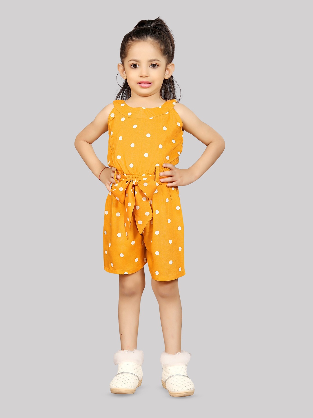 

R K MANIYAR Girls Polka Dots Printed Waist Tie-Ups Playsuit Jumpsuit, Yellow