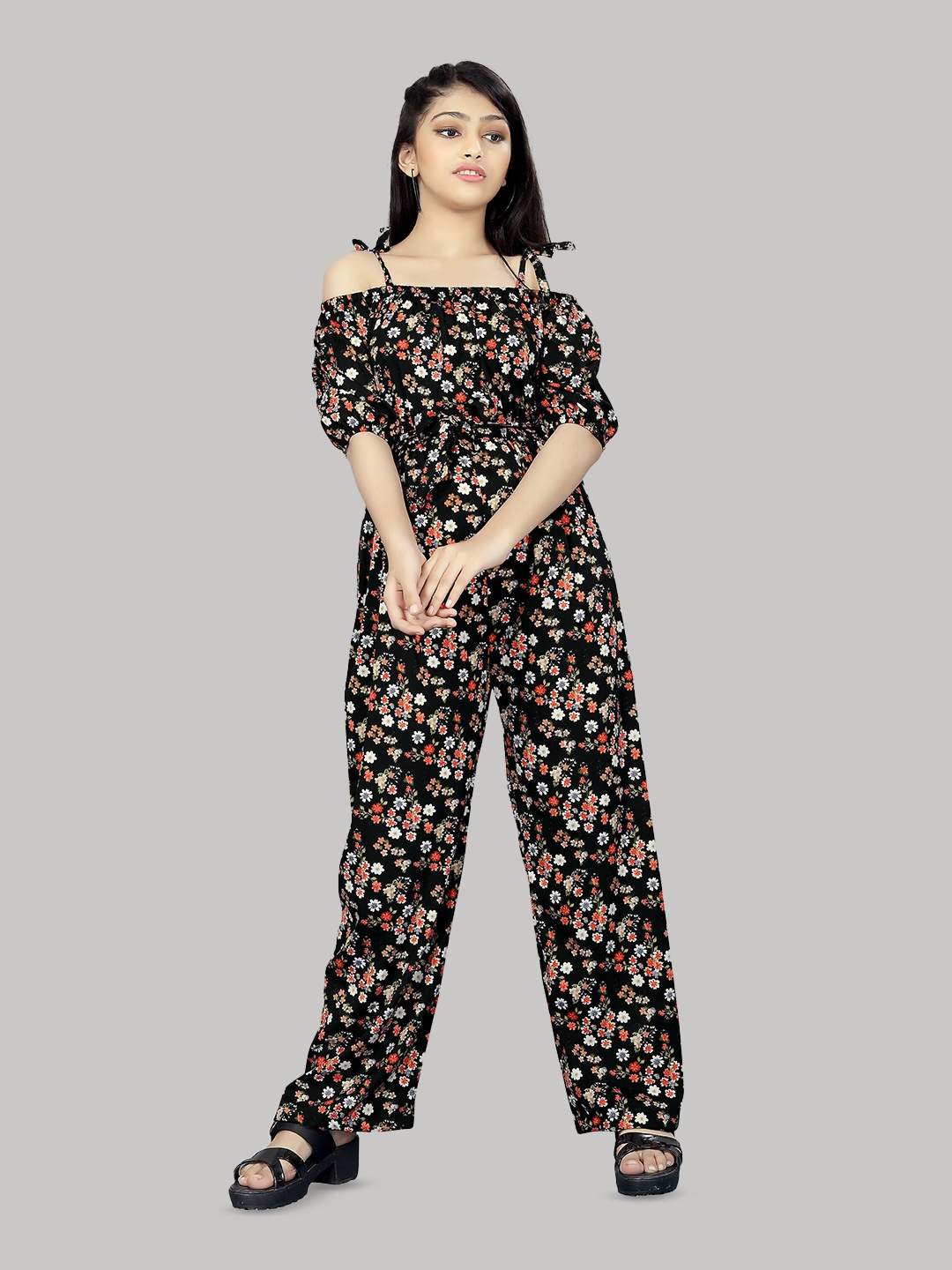 

R K MANIYAR Girls Floral Printed Waist Tie-Ups Detail Basic Jumpsuit, Black