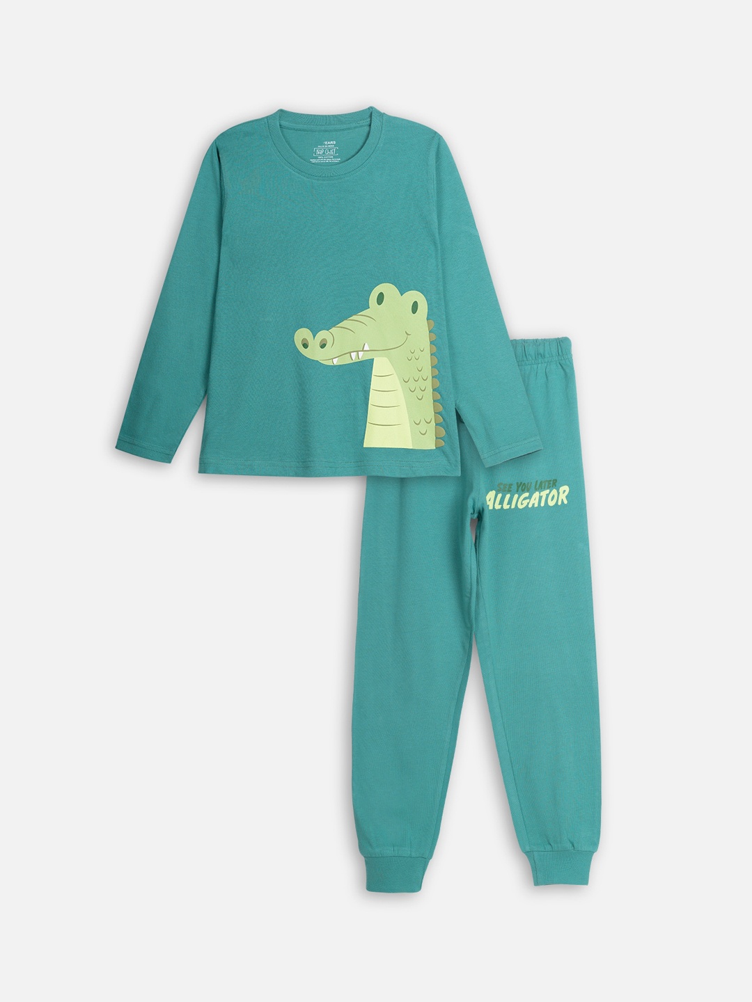 

Nap Chief Kids Pure Cotton Alliagtor Printed Tshirt & Pyjama Set, Green