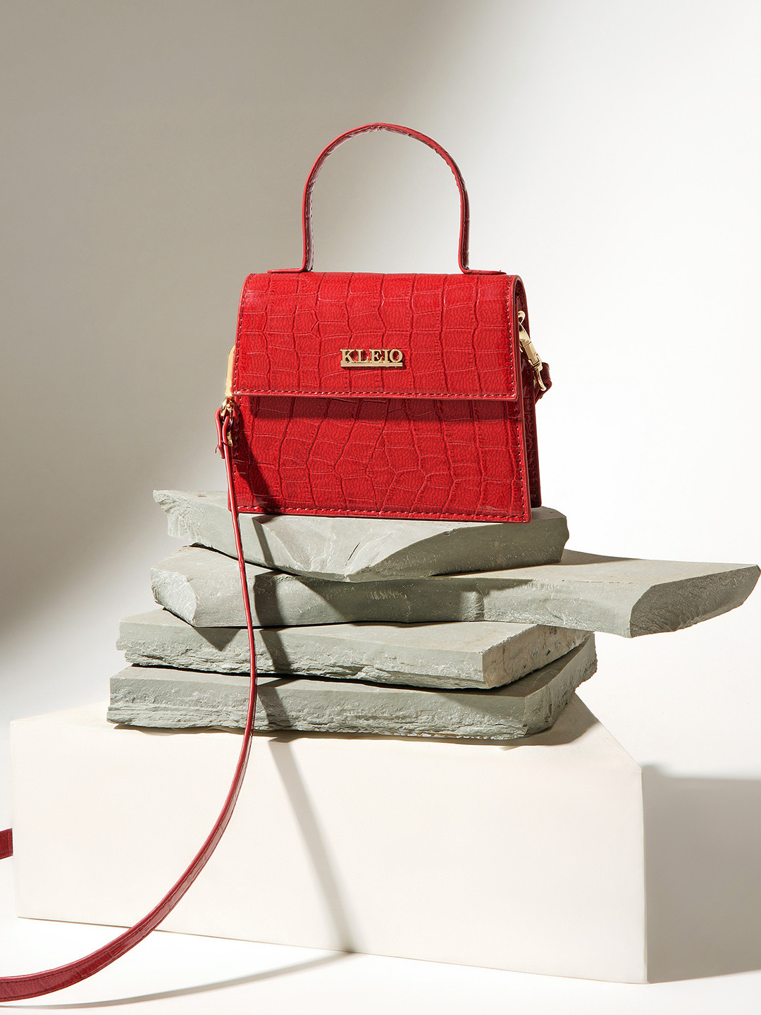 

KLEIO Textured Structured Satchel Bag, Red
