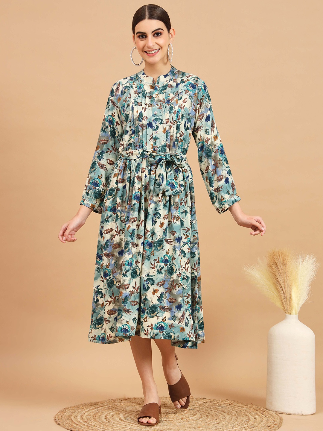 

Vbuyz Floral Printed A-Line Midi Dress, Blue