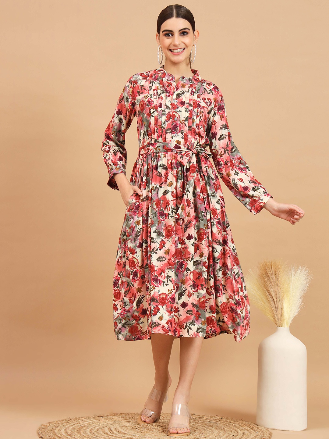 

Vbuyz Floral Printed A-Line Midi Dress, Pink