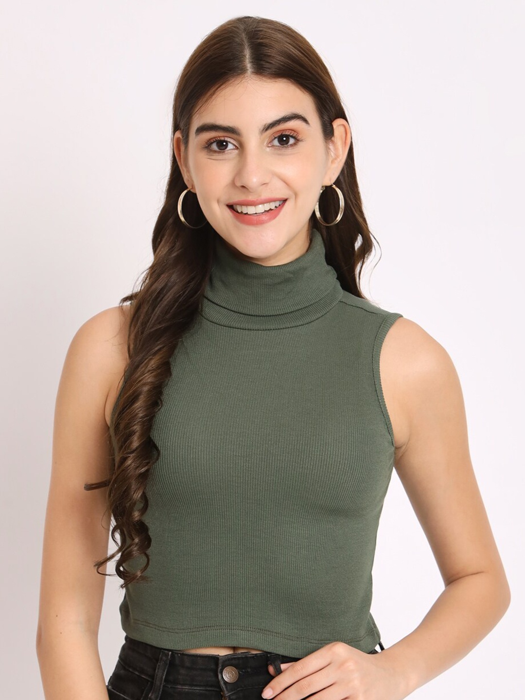 

CHARMGAL High Neck Sleeveless Crop Fitted Top, Olive