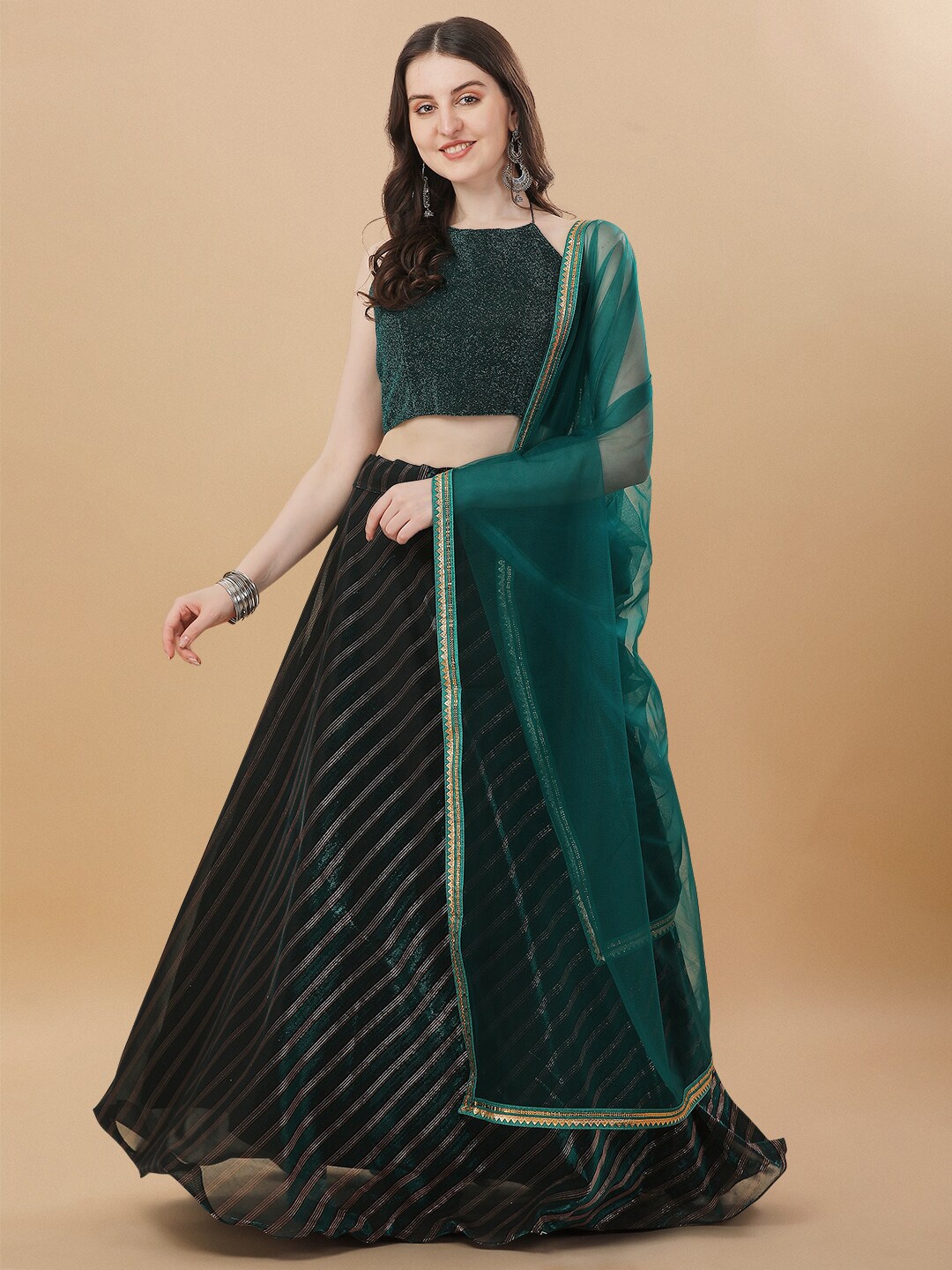 

Mitera Embellished Semi-Stitched Lehenga & Unstitched Blouse With Dupatta, Green