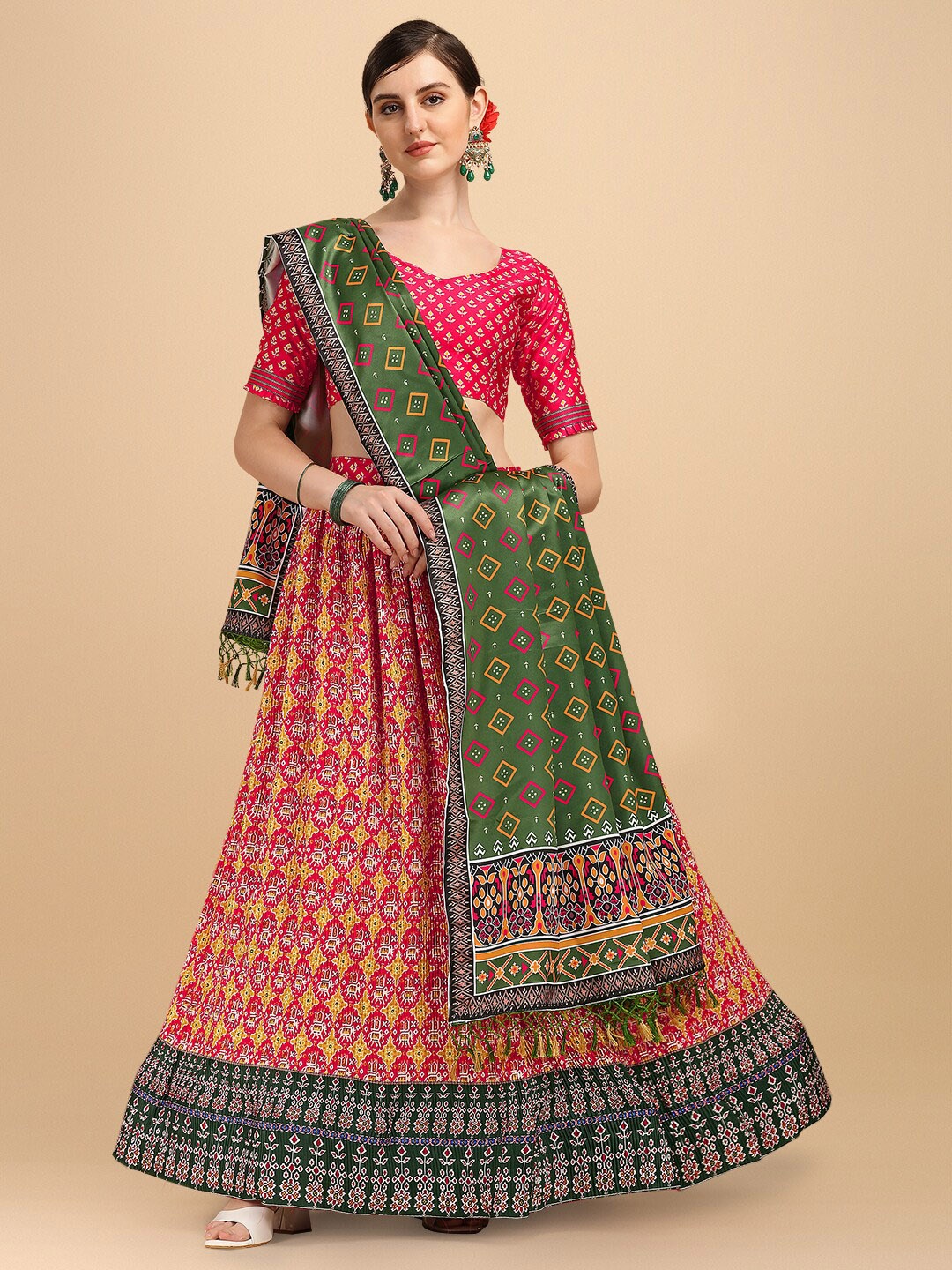 

Mitera Pink & Green Printed Semi-Stitched Lehenga & Unstitched Blouse With Dupatta
