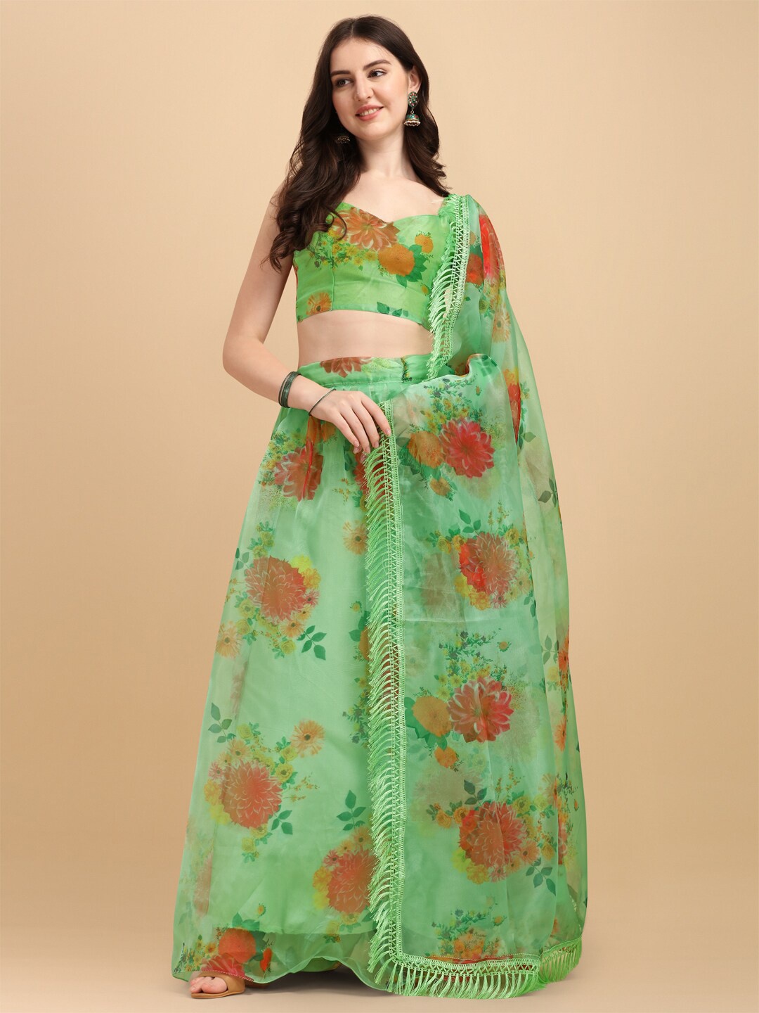 

Mitera Green & Red Printed Semi-Stitched Satin Lehenga & Unstitched Blouse With Dupatta