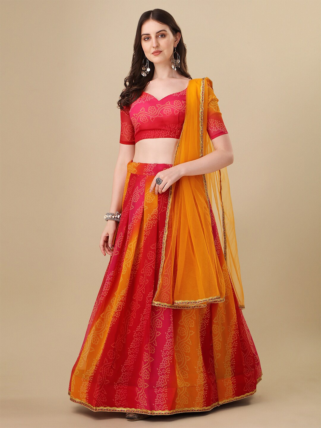 

Mitera Bandhani Printed Semi-Stitched Lehenga & Unstitched Blouse With Dupatta, Red