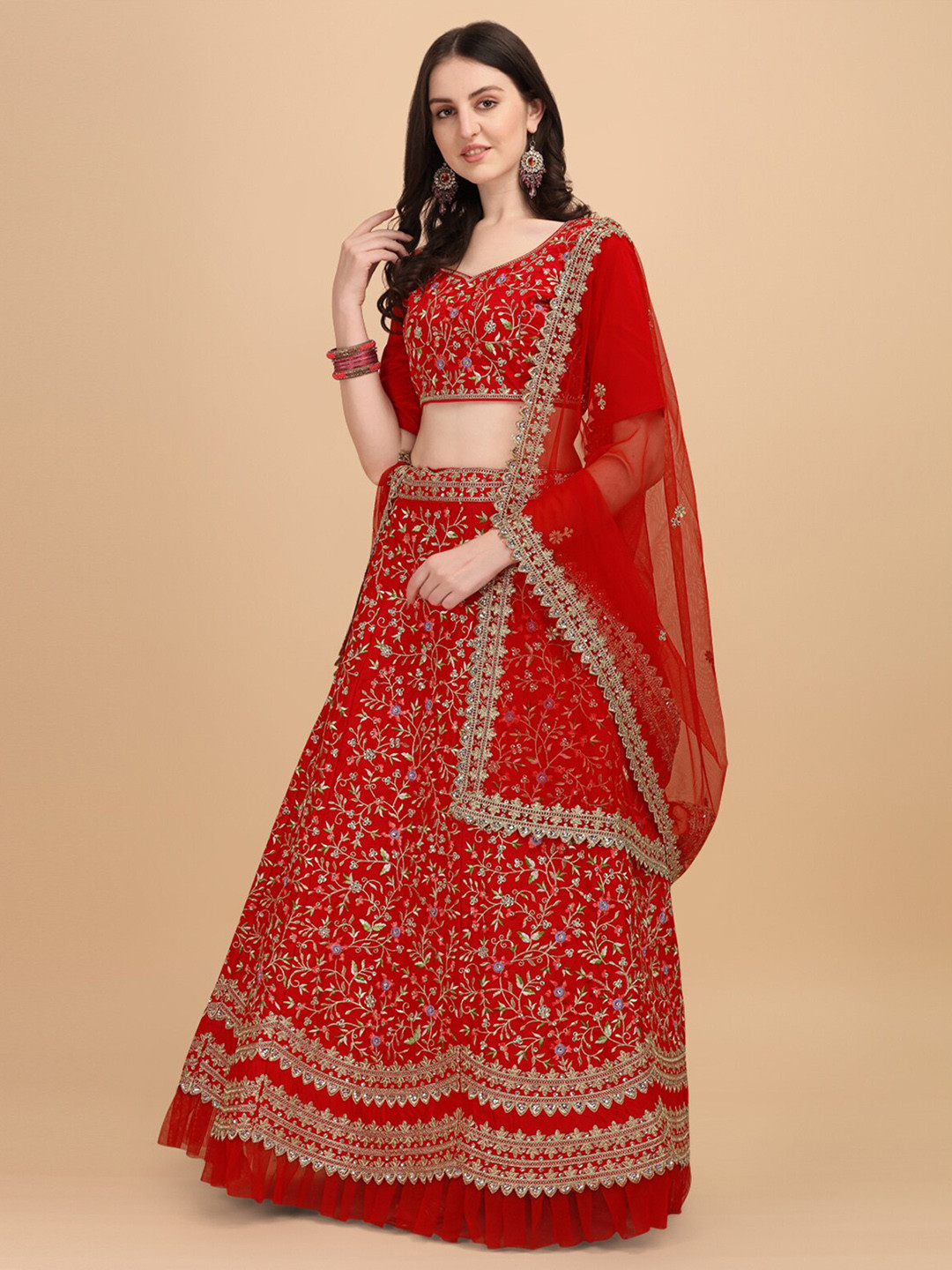 

Mitera Embroidered Semi-Stitched Satin Lehenga & Unstitched Blouse With Dupatta, Red
