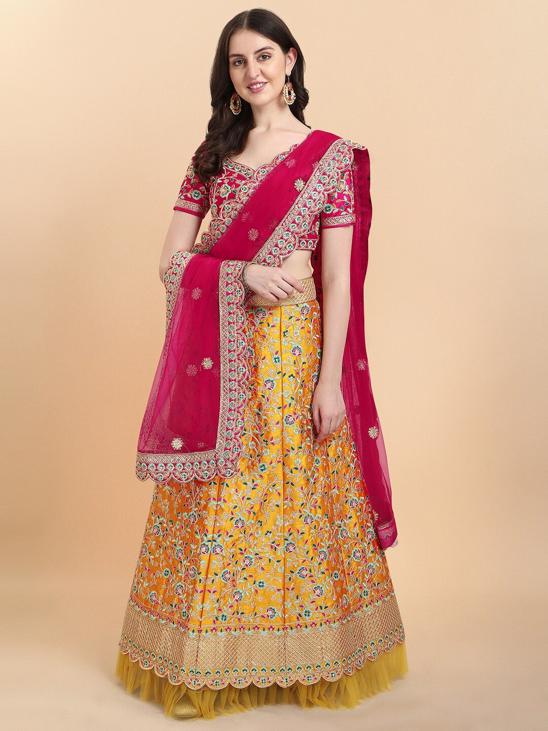 

Mitera Embroidered V-Neck Satin Semi Stitched Lehenga & Unstitched Blouse With Dupatta, Yellow