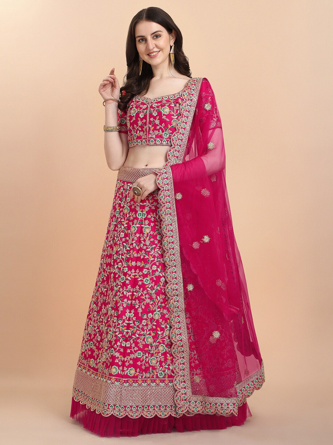 

Mitera Embroidered Satin Semi Stitched Lehenga & Unstitched Blouse With Dupatta, Pink