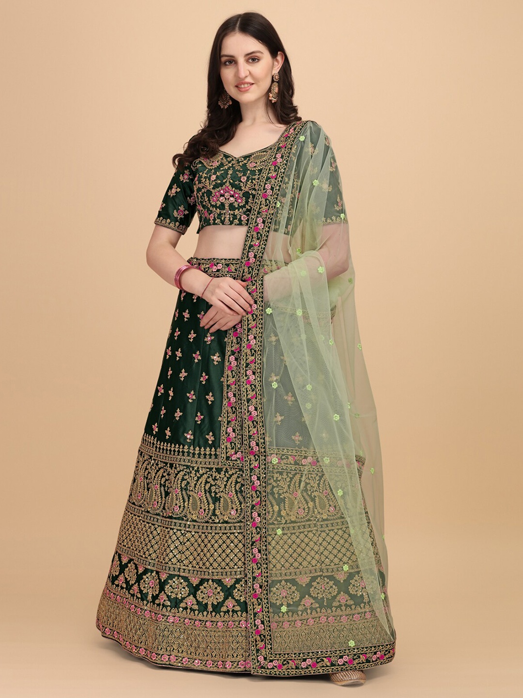 

Mitera Embroidered V-Neck Semi-Stitched Lehenga & Unstitched Blouse With Dupatta, Green