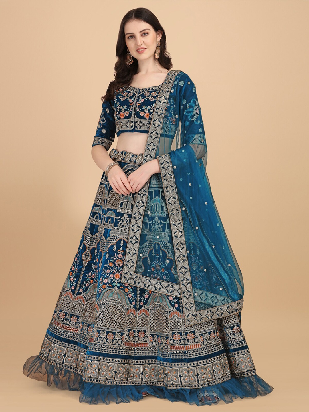 

Mitera Blue Embroidered Thread Work Satin Lehenga Choli With Blouse Piece & Dupatta