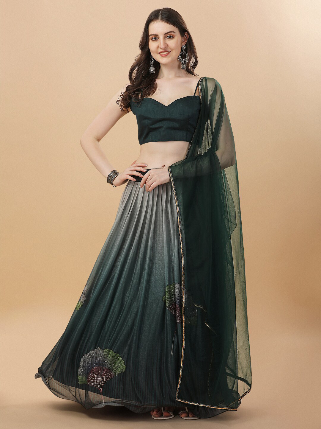 

Mitera Green Square Neck Sleeveless Semi-Stitched Lehenga & Unstitched Blouse With Dupatta