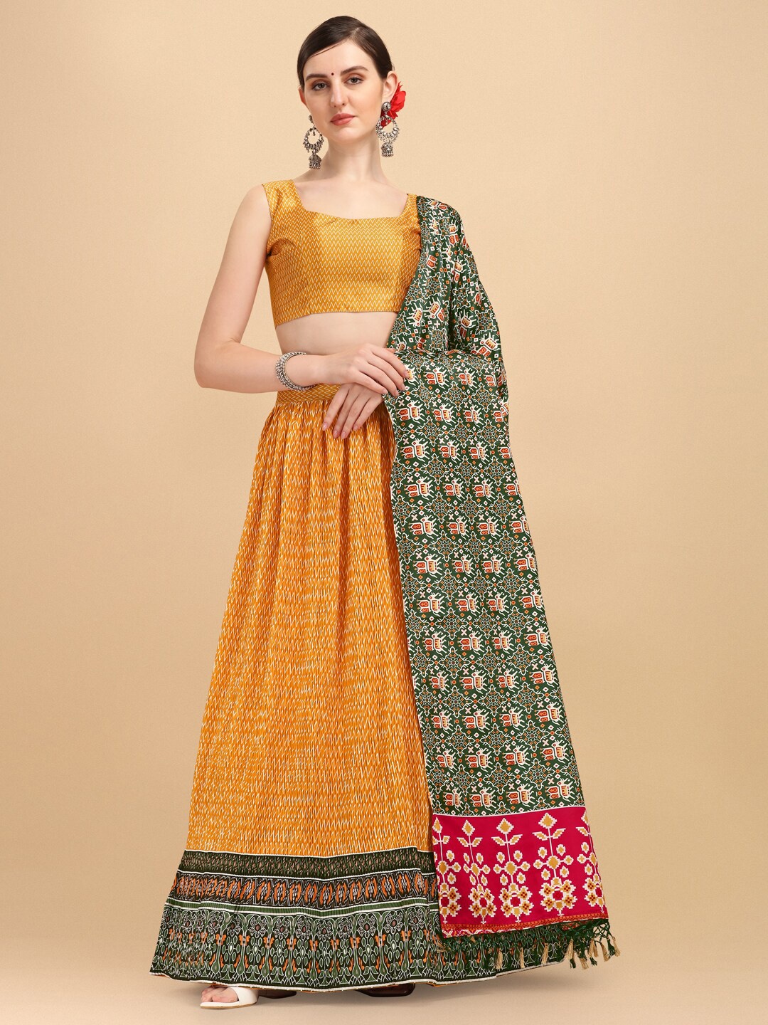 

Mitera Orange Printed Semi-Stitched Lehenga & Unstitched Blouse With Dupatta