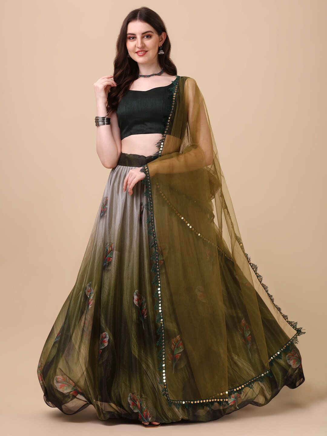 

Mitera Green Printed Semi-Stitched Lehenga & Unstitched Blouse With Dupatta