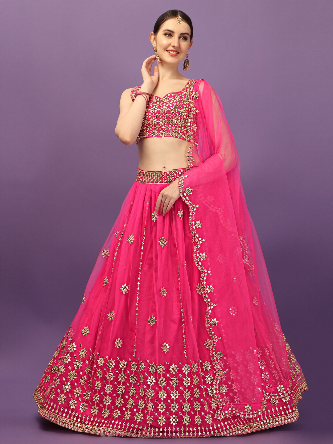

Mitera Pink Embroidered Thread Work Semi-Stitched Lehenga & Unstitched Blouse With Dupatta