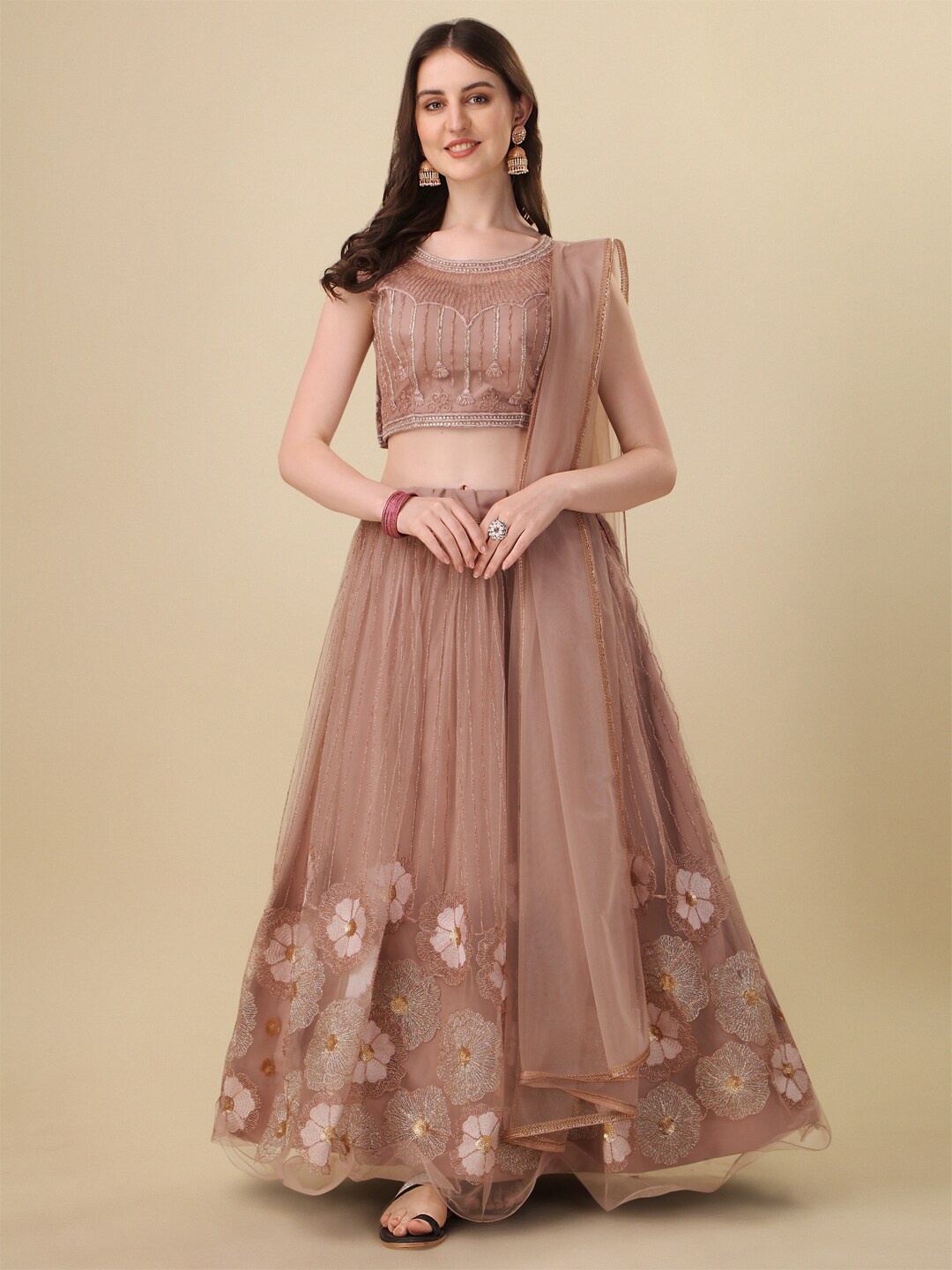 

Mitera Beige Embellished Satin Semi-Stitched Lehenga & Unstitched Blouse With Dupatta