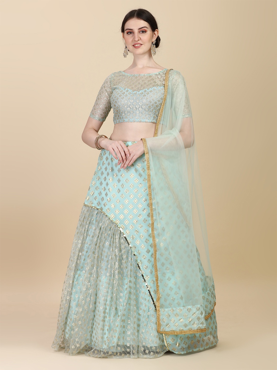 

Mitera Turquoise Blue Embroidered Semi-Stitched Lehenga & Unstitched Blouse With Dupatta