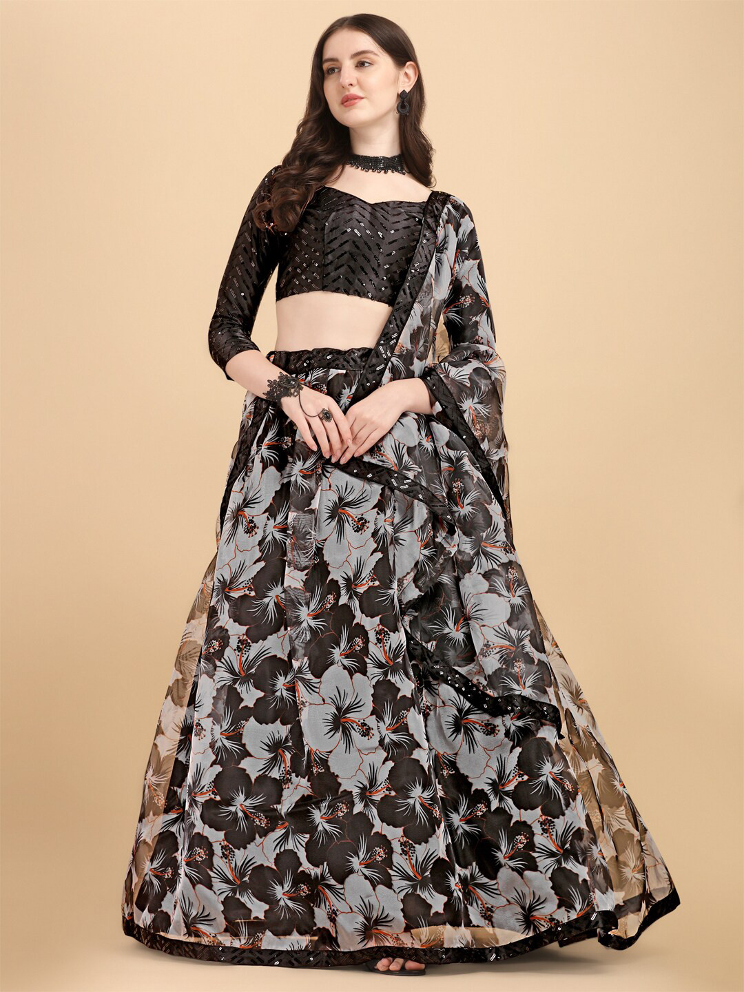 

Mitera Embroidered Sequinned Semi-Stitched Lehenga & Unstitched Blouse With Dupatta, Black