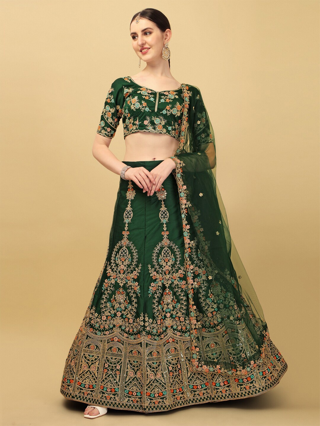 

Mitera Embroidered Thread Work Semi-Stitched Lehenga & Unstitched Blouse With Dupatta, Olive