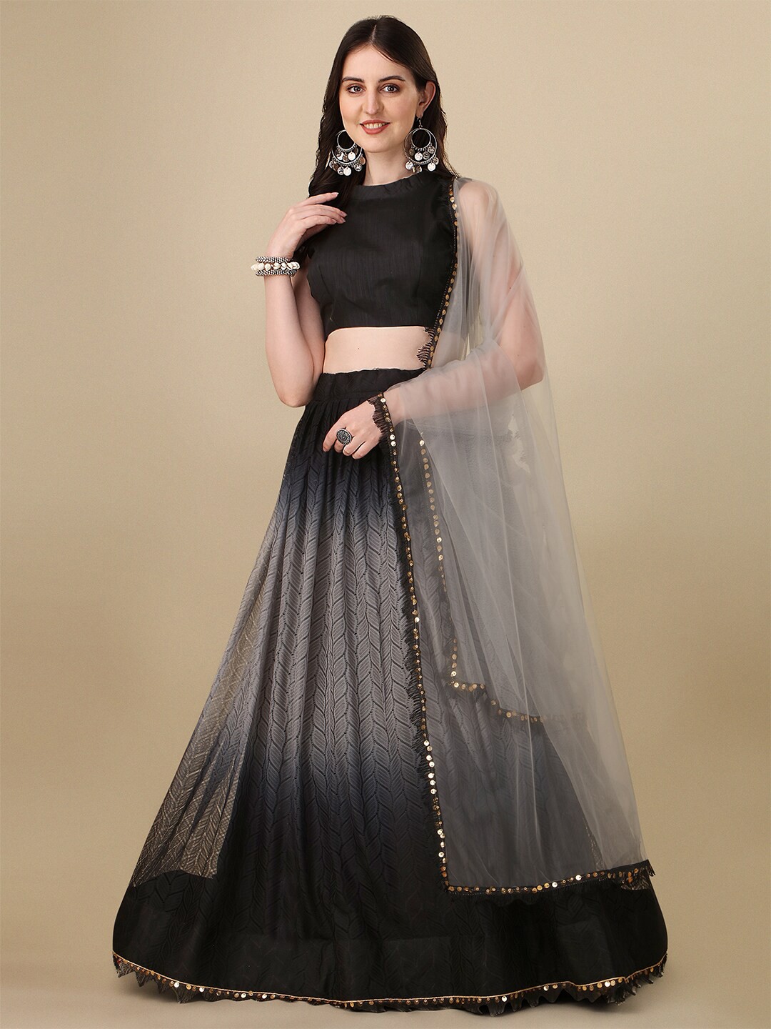 

Mitera Round Neck Satin Semi Stitched Lehenga & Unstitched Blouse With Dupatta, Black