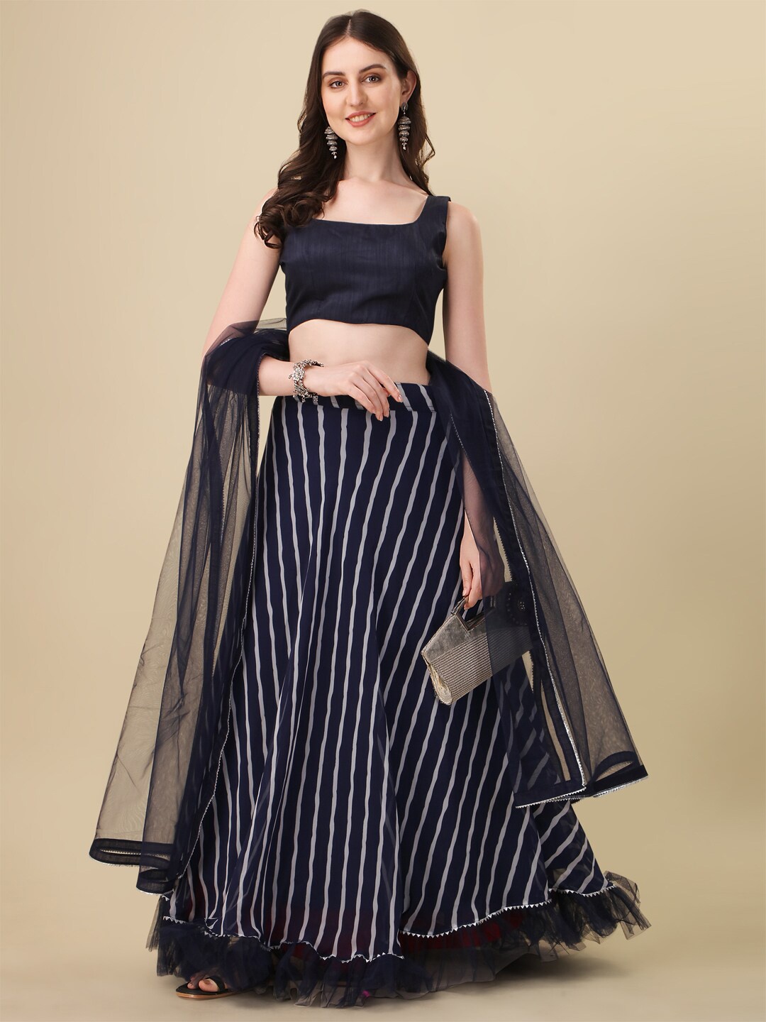 

Mitera Navy Blue & White Semi-Stitched Lehenga & Unstitched Blouse With Dupatta