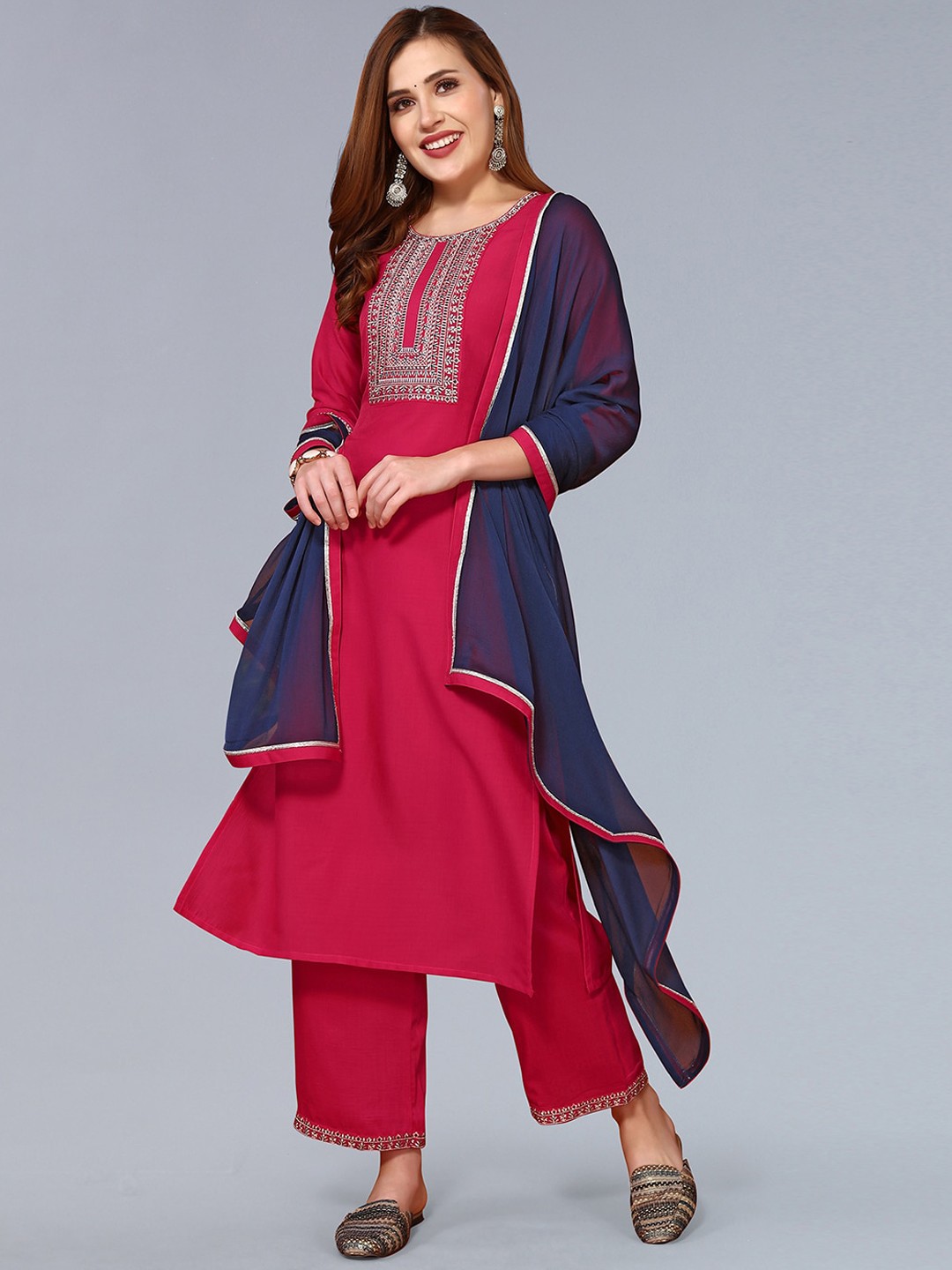 

KALINI Ethnic Motifs Embroidered Regular Thread Work Kurta With Trousers & Dupatta, Pink